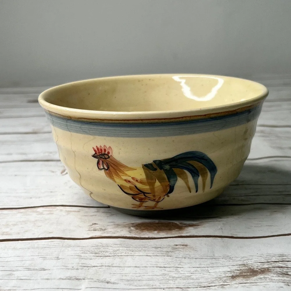 Gibson Cereal Bowl Cream Blue Rooster Farmhouse Ribbed Stoneware 6in